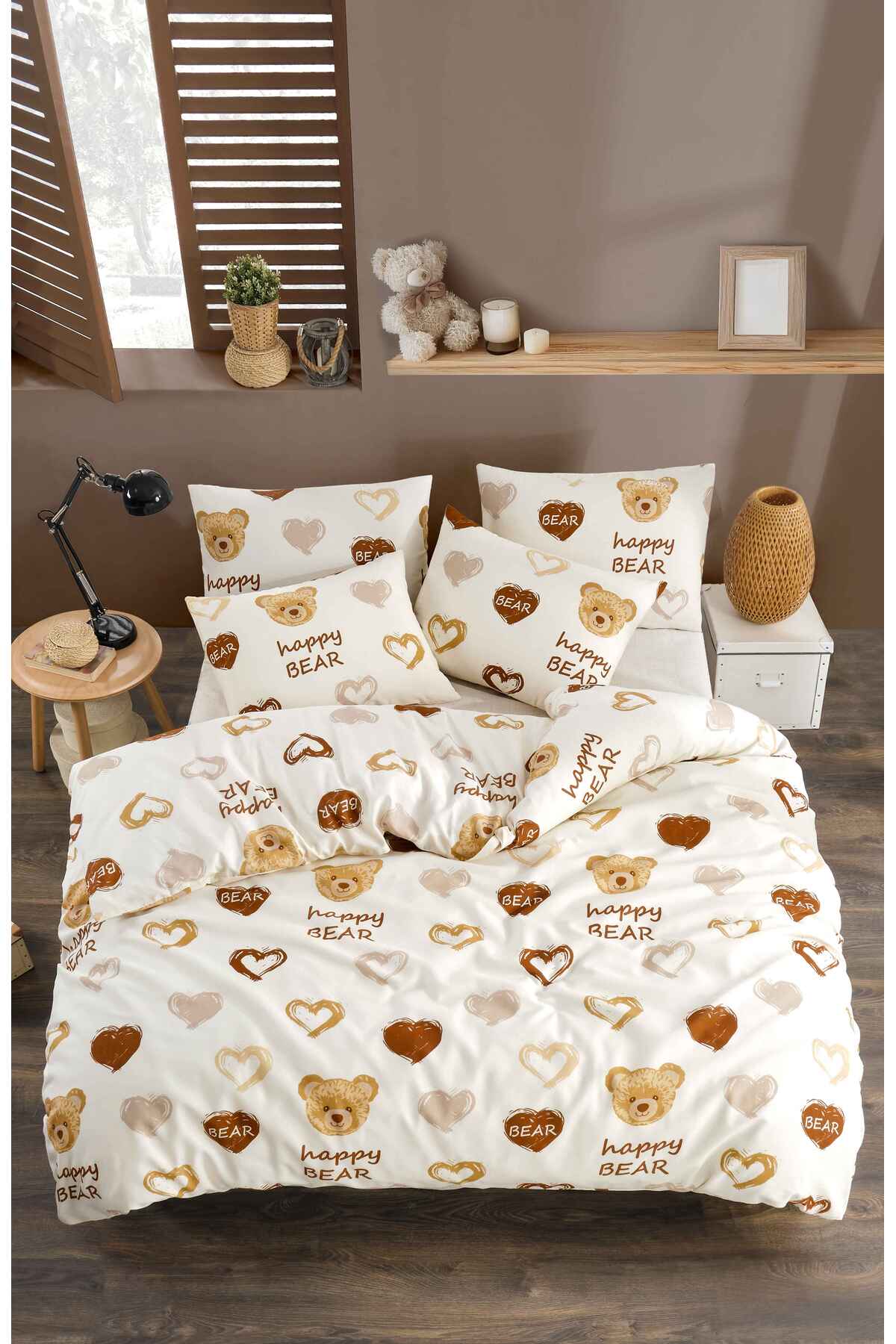 Tabu Home Ranforce Ayıcıklı Kalpli Çarşafı Lastikli Çift Kişilik Nevresim Takımı