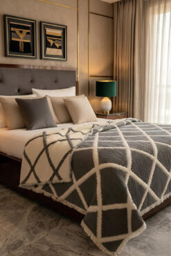 VERONİCA LİNE Premium Geometrik Kare Desenli %100 Pamuk Müslin Çift Taraflı Yatak Örtüsü Pike 220x240 Çift Kişilik