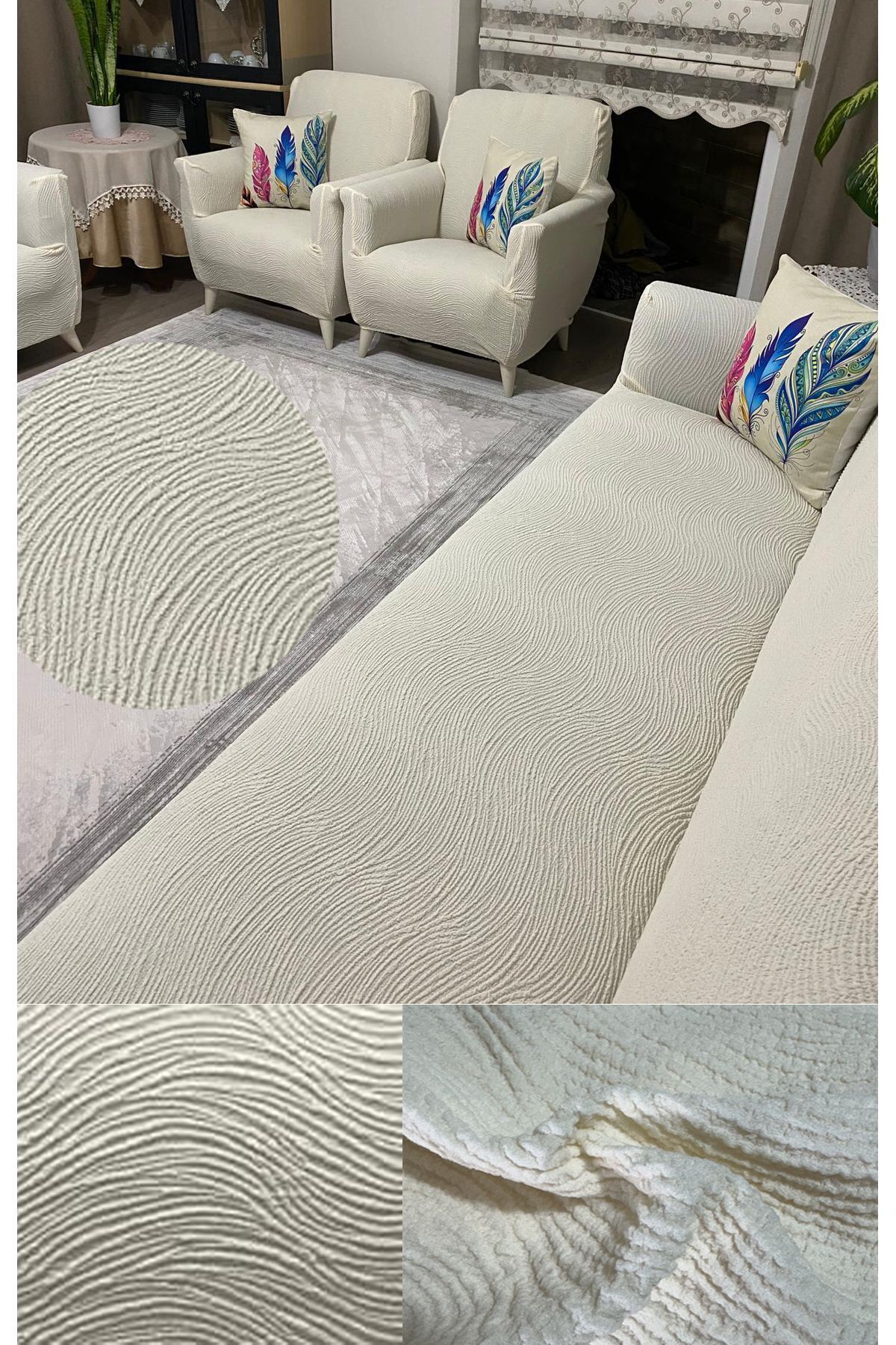 UYUMEV jakarlı su yolu desen 3311 koltuk örtüsü takımı.çekyat kanepe örtüsü.krem renk.lastikli.yıkanabilir