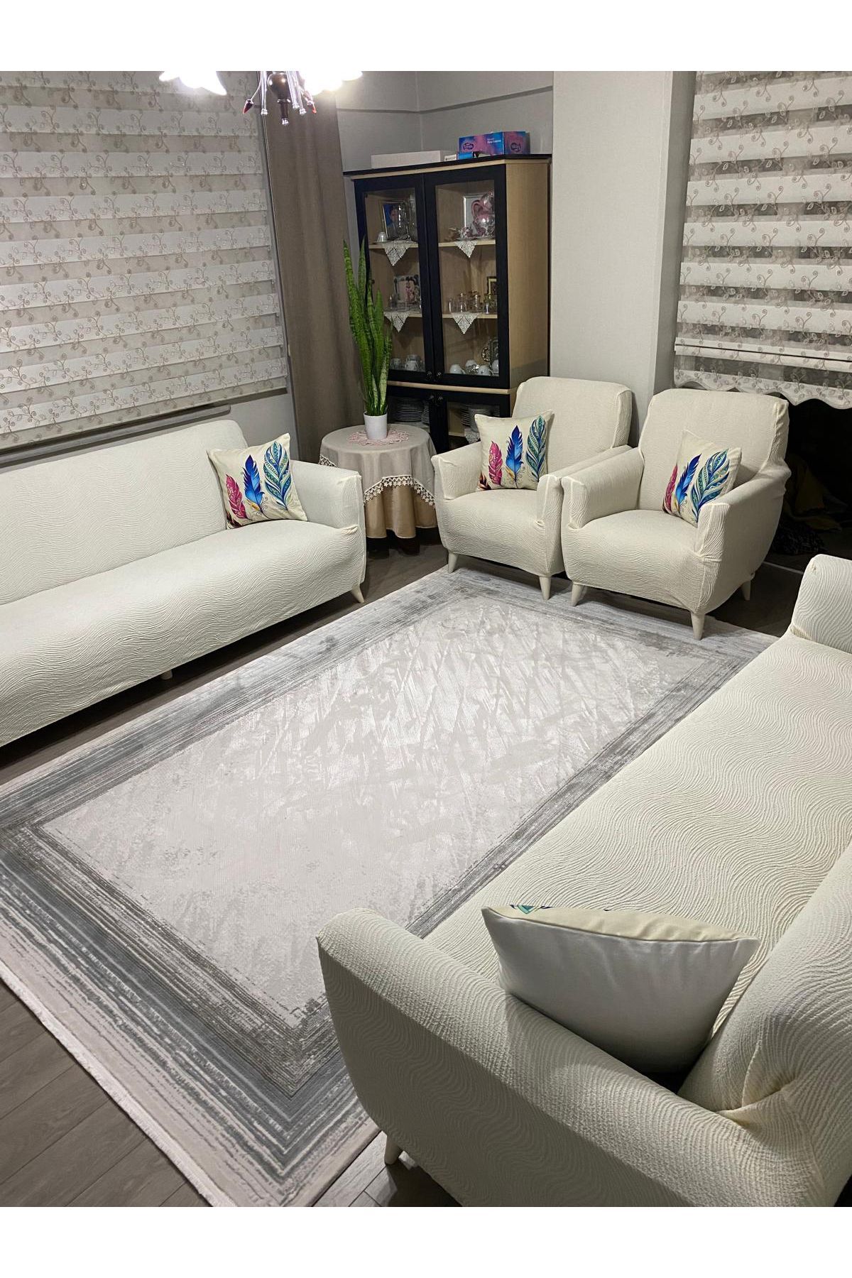 UYUMEV jakarlı su yolu desen 3311 koltuk örtüsü takımı.çekyat kanepe örtüsü.krem renk.lastikli.yıkanabilir - Görsel 2