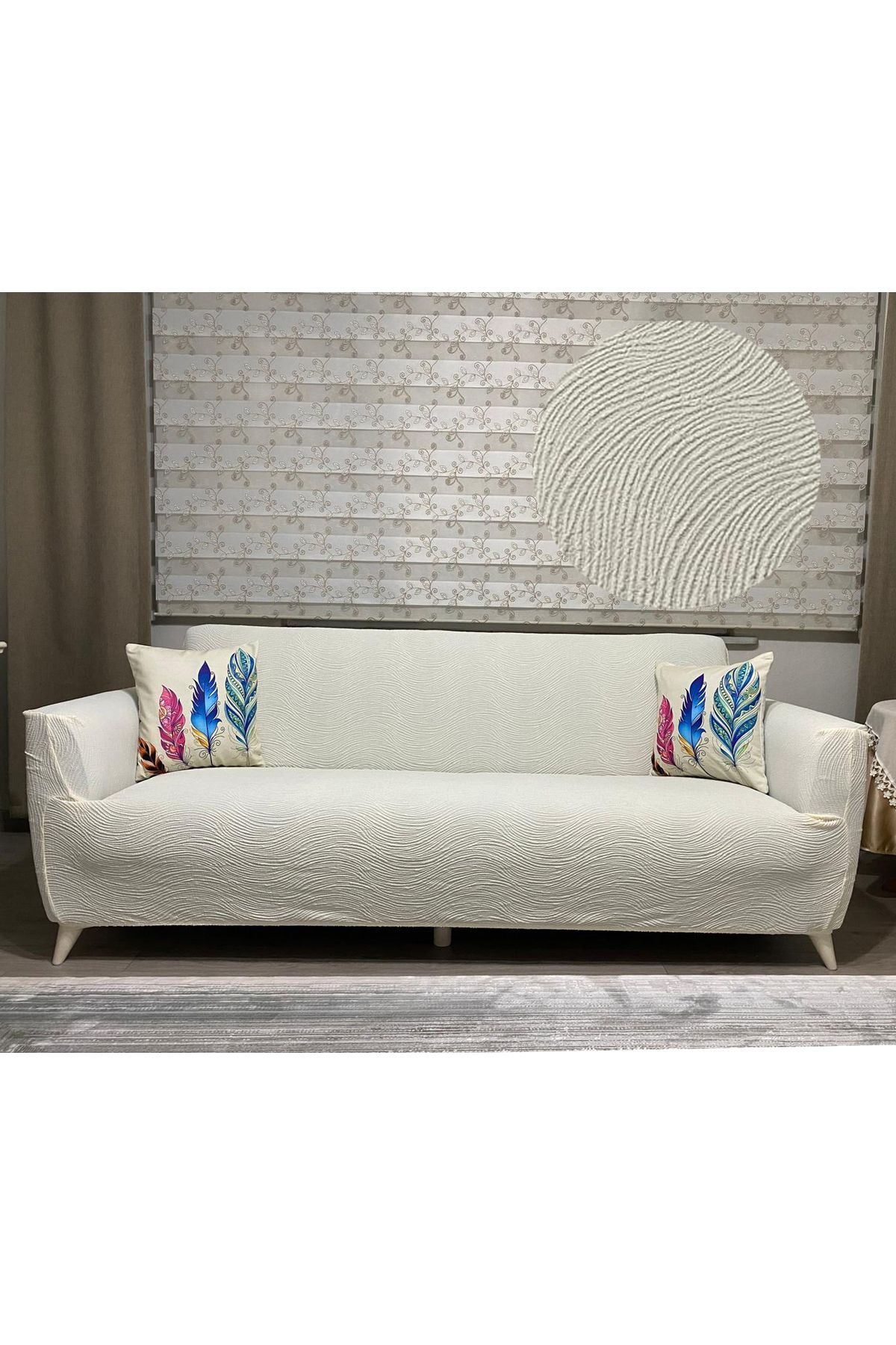 UYUMEV jakarlı su yolu desen 3311 koltuk örtüsü takımı.çekyat kanepe örtüsü.krem renk.lastikli.yıkanabilir - Görsel 3