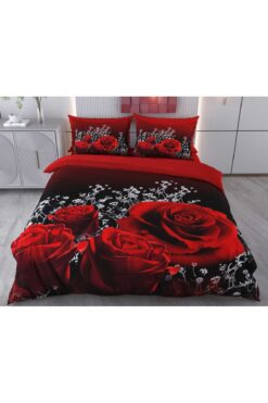 Evimemoda Kırmızı Gül Dijital Baskılı 3D 3 Boyutlu Çift Kişilik Nevresim Takımı Kod: Kırmızı Gül