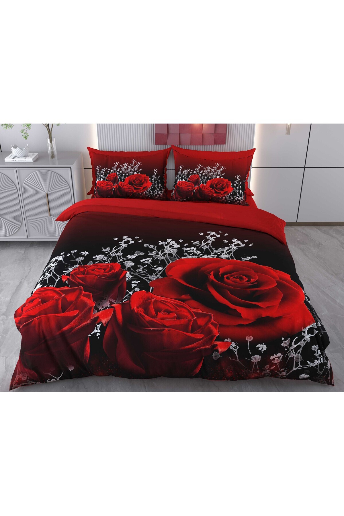 Evimemoda Kırmızı Gül Dijital Baskılı 3D 3 Boyutlu Çift Kişilik Nevresim Takımı Kod: Kırmızı Gül