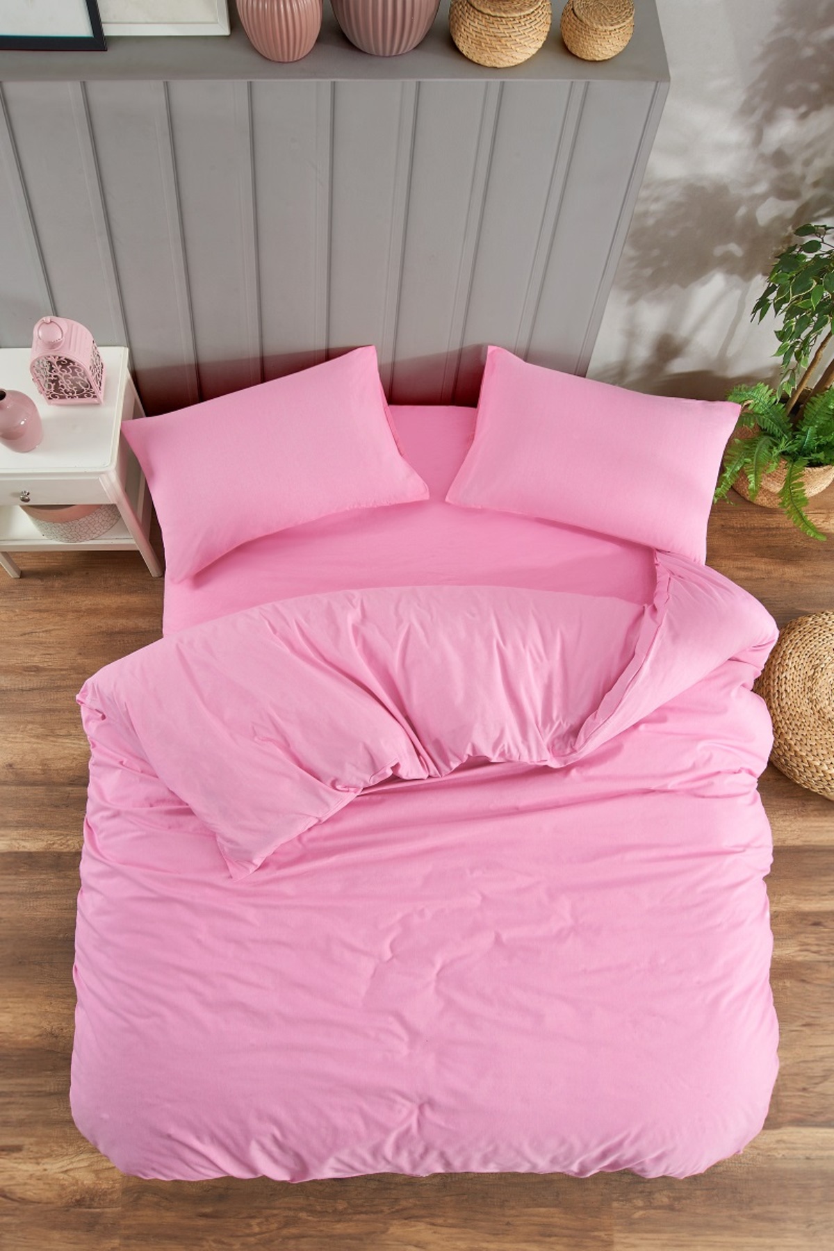 Valezium Pembe Çift Kişilik Nevresim Takımı Lastikli Çarşaf Ve 2 Yastık Kılıfı