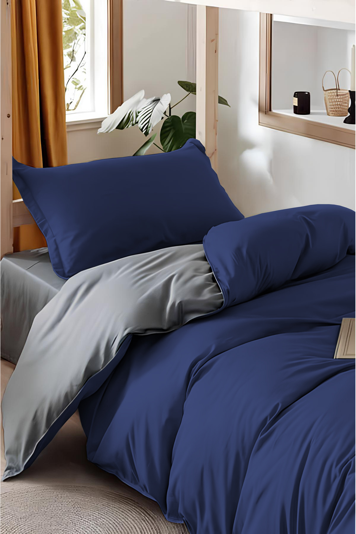 Always Lastikli Çarşaflı Çift Taraflı Tek Kişilik Nevresim Takımı Lacivert-Gri