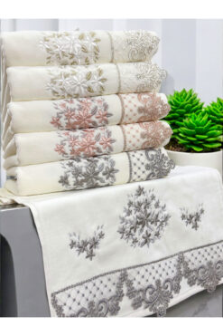 AYHANHOME 6 LI Kadife Lüks Fransız Güpürlü Sırma İşlemeli Çeyizlik 50x90 El ve Yüz Havlusu