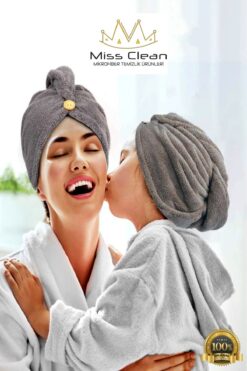 MissClean Gri Renk Mikrofiber Saç Havlusu, Saç Bonesi, Banyo Deniz Ve Havuz Sonrası Plaj Için
