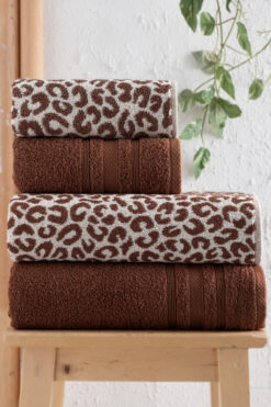 DNZGÜLCAN 4 Parça Lüks Banyo Havlu Seti (2 Adet 70x140cm & 2 Adet 50x90cm) | Leopar Desenli Hamam Takımı