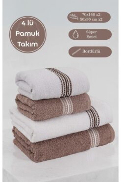 Acacia 4'lü Pamuk Banyo - El Havlusu Seti Elvin 70x140cm X2 / 50x90cm X2 Kahverengi - Beyaz