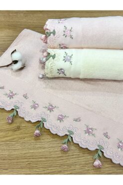 AYHANHOME 3'lı Küpeli Çiçek İşleme Renkli Çeyizlik 50x90 El Yüz Havlu Seti