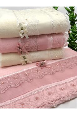 AYHANHOME 4'lü %100 Pamuklu Jakarlı Kadife Dantelli Güpürlü Fiyonklu Çeyizlik 50x90 El Ve Yüz Havlusu