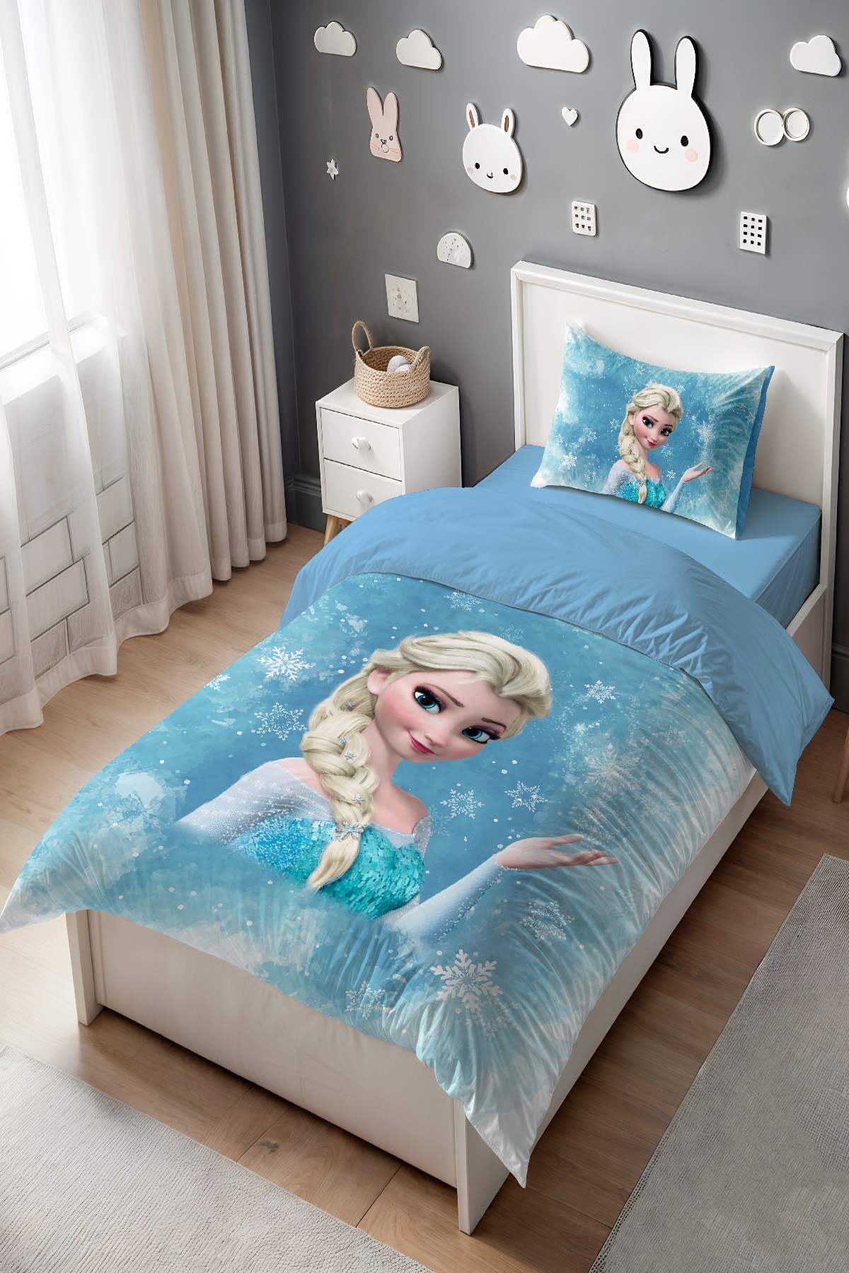 EVPANYA Kartaneli Mavi Elsa Desenli Tek Kişilik Bebek Çocuk Nevresim Seti - Görsel 3