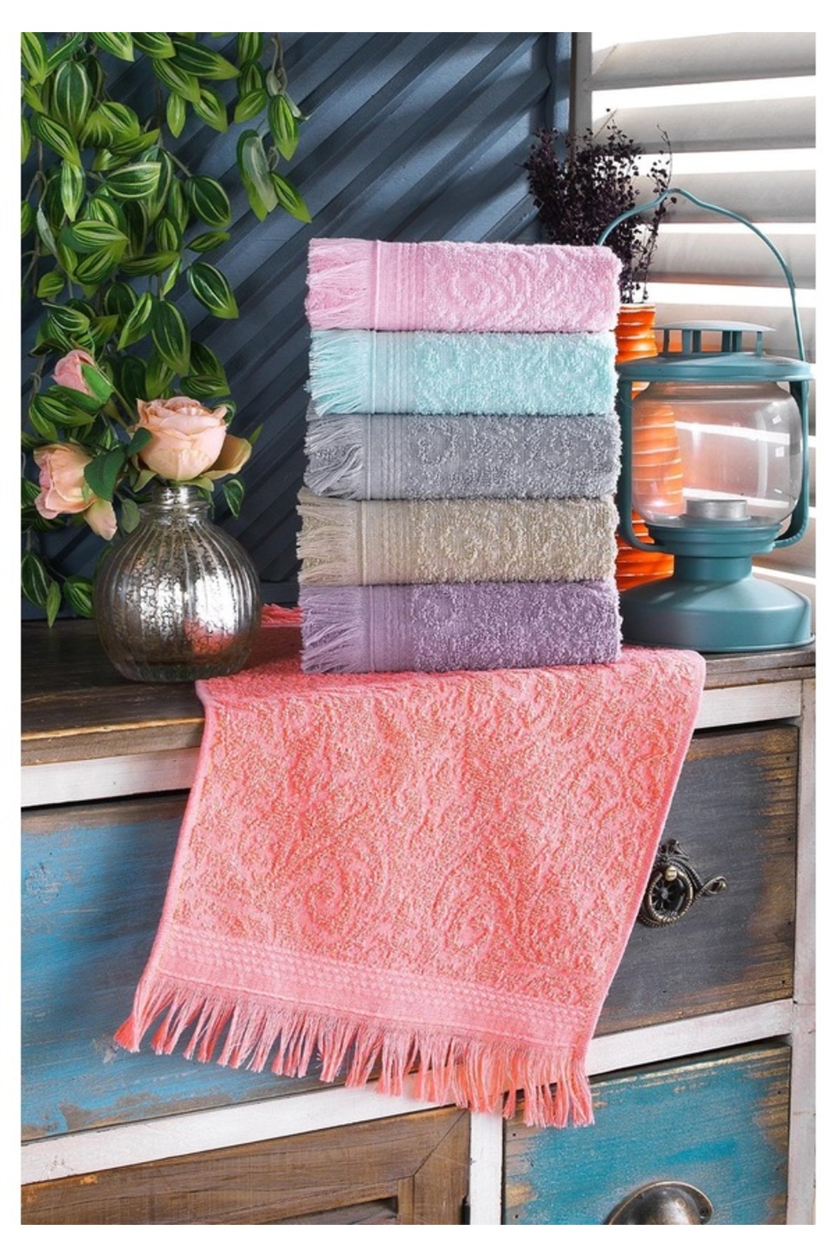 by ballı biocotton Biocotton Püsküllü Jakarlı Mutfak/Banyo El Havlusu 6 Lı Set %100 Pamuk 30x50 Ebat - Görsel 3