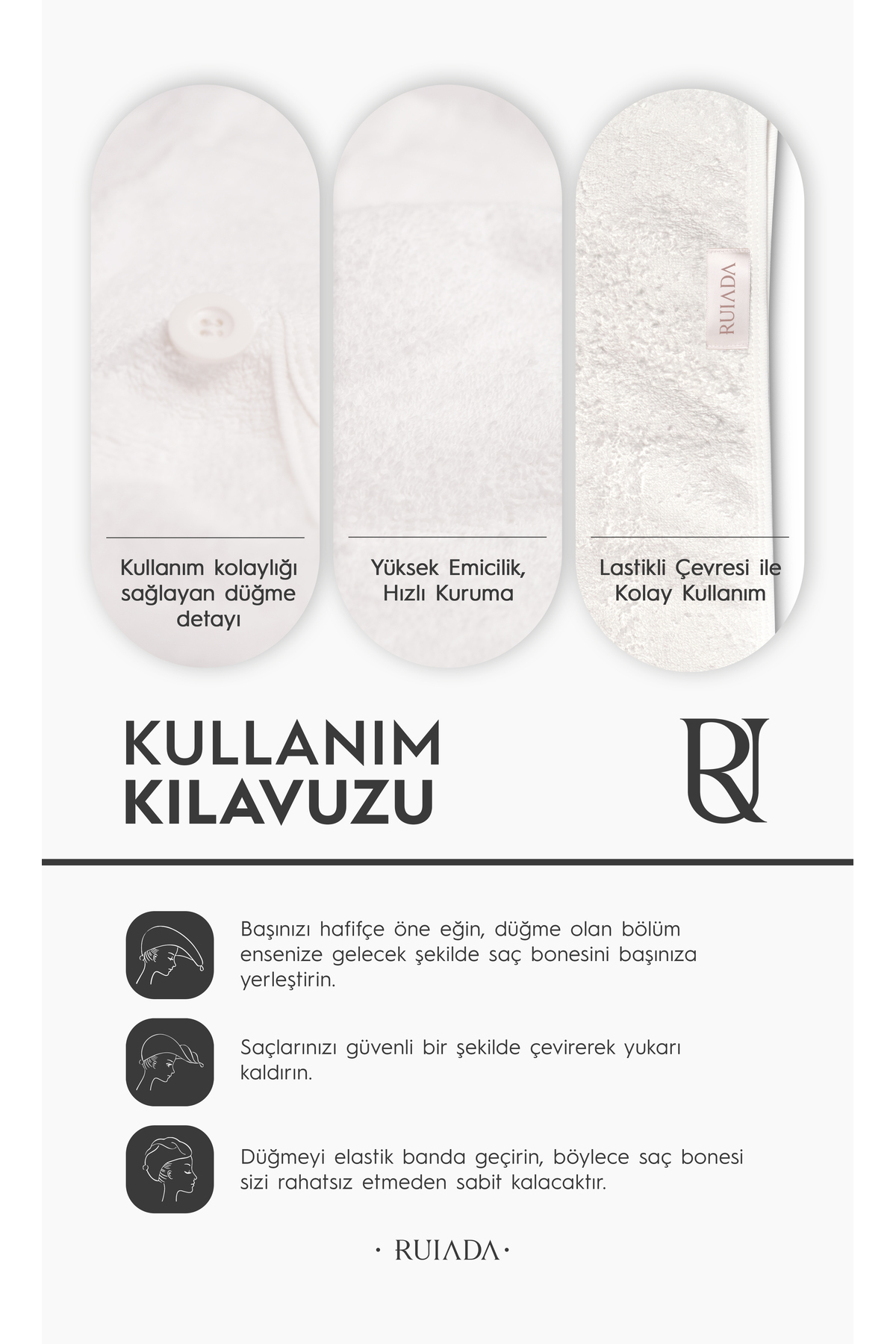 RUIADA %100 Pamuk Saç Kurutma Bonesi/Havlusu Lastikli ve Düğmeli Ekru - Görsel 2
