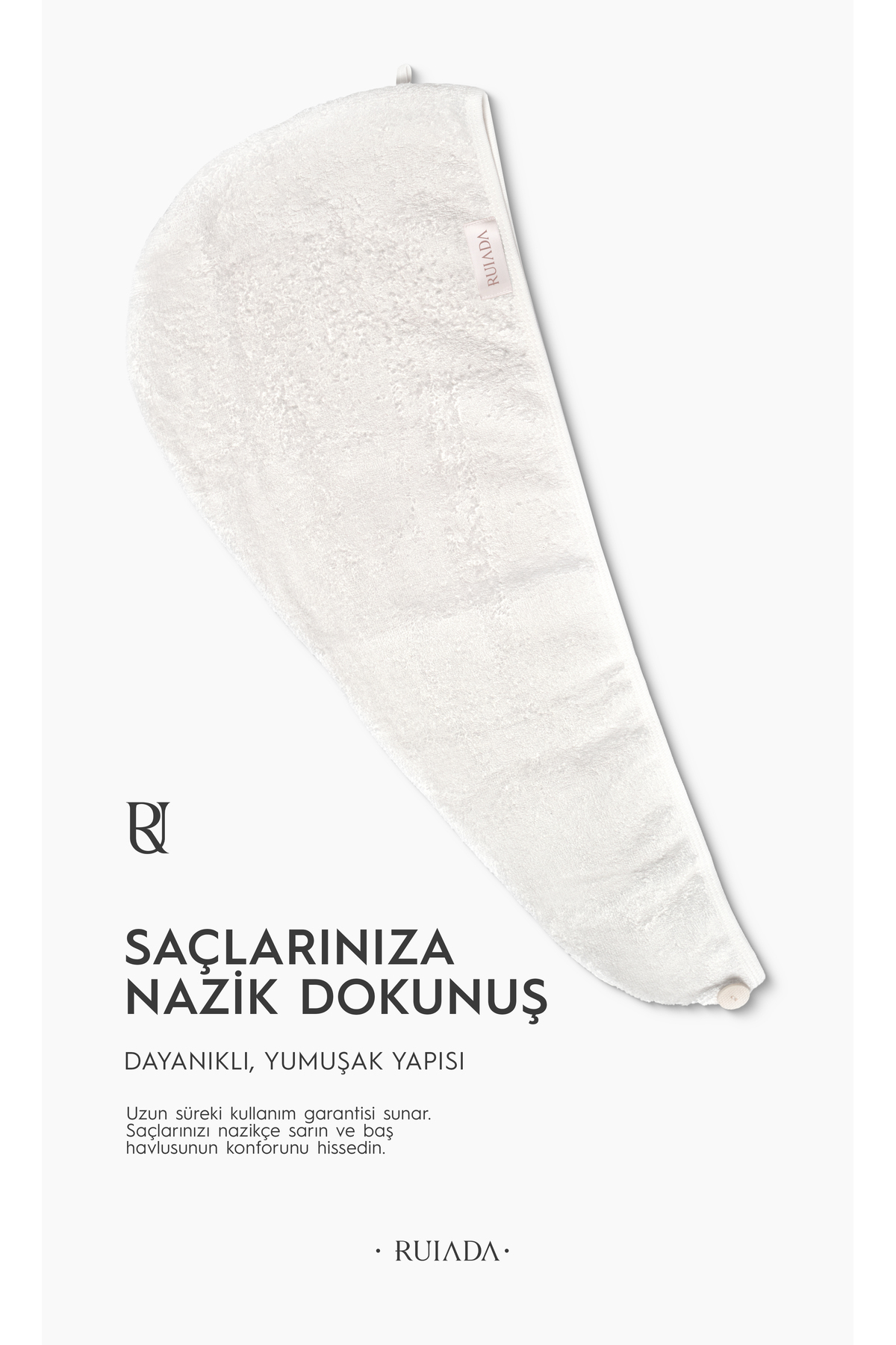 RUIADA %100 Pamuk Saç Kurutma Bonesi/Havlusu Lastikli ve Düğmeli Ekru - Görsel 3