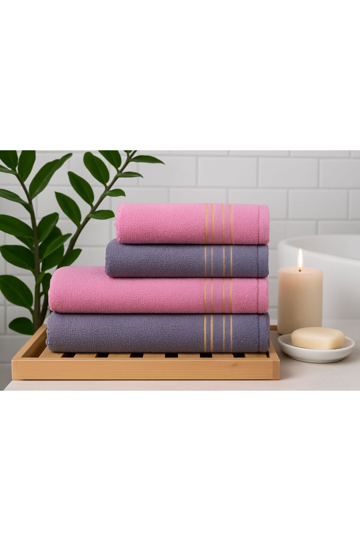 SARİNA renkli bir dünya Pırlanta Banyo Havlu Çeyiz ( 2 Adet El Yüz - Baş Havlusu-2 Adet Vücut - Banyo Havlusu )indigo-pembe - Görsel 3