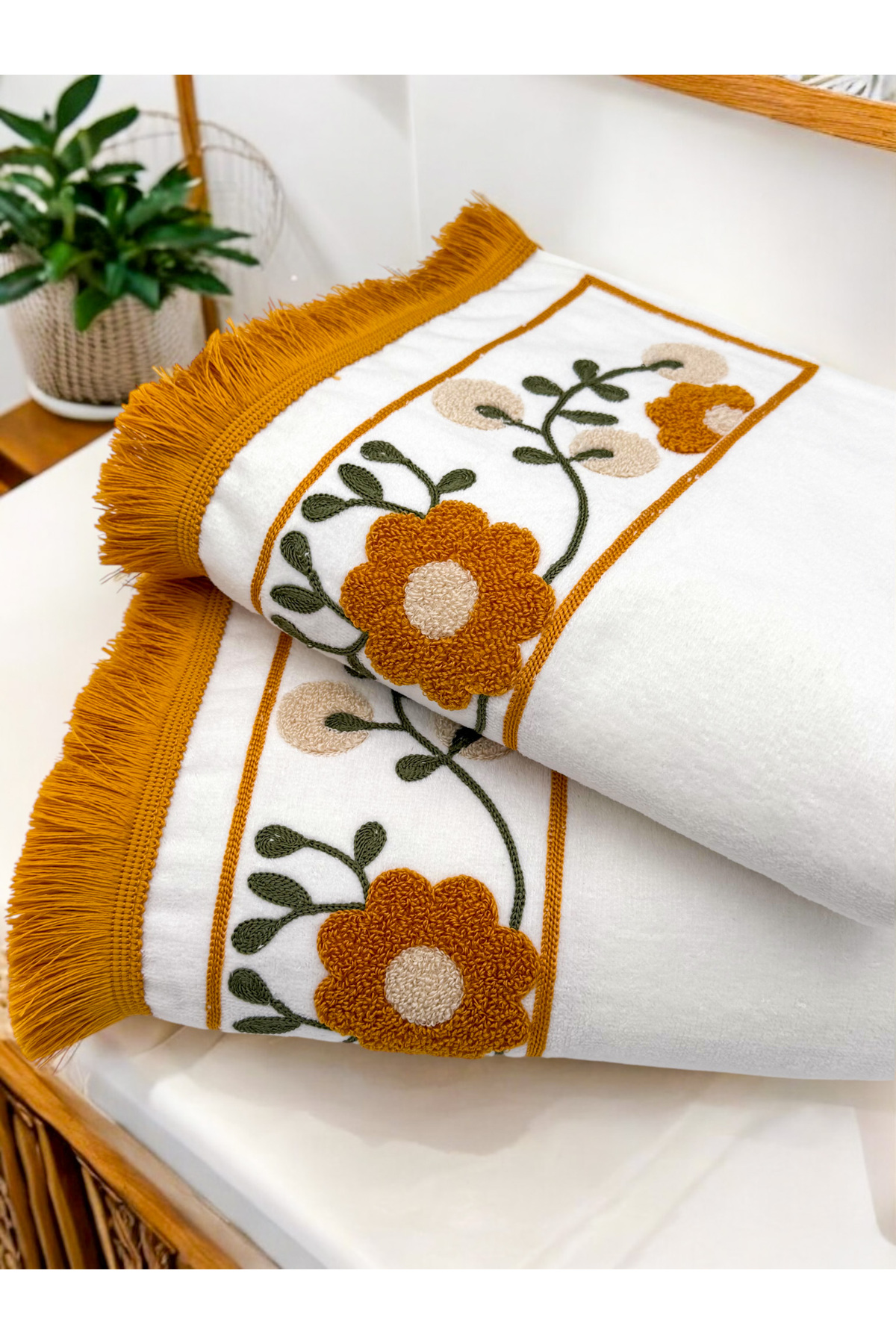 AYHANHOME Punch Nakışlı Saçaklı 2 Adet 50x90 El Yüz Havlu Seti