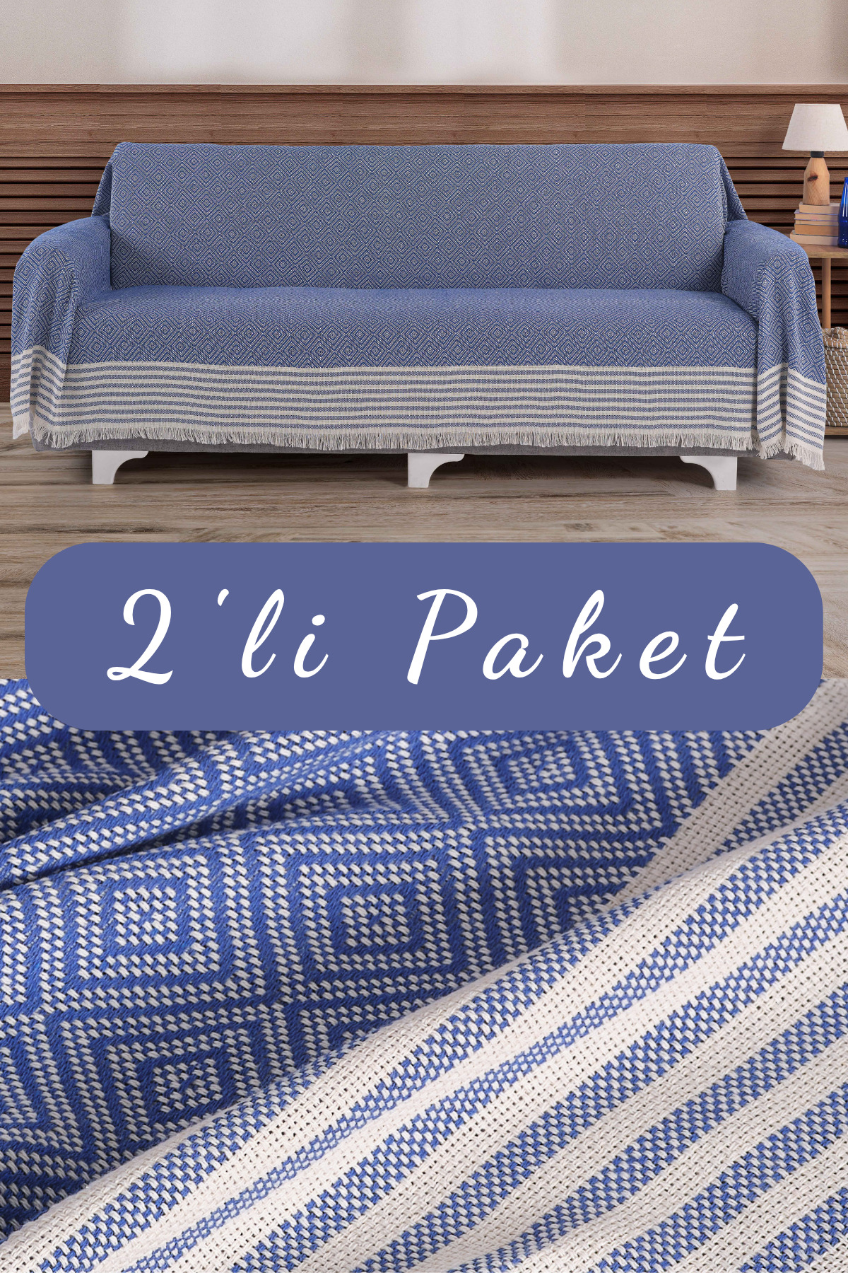 Miracolo Home 2'li Mavi Pamuklu Kolları Örten 310 Cm Koltuk Kanepe Çekyat Örtüsü Önden Saçaklı Kaymaz Tasarım