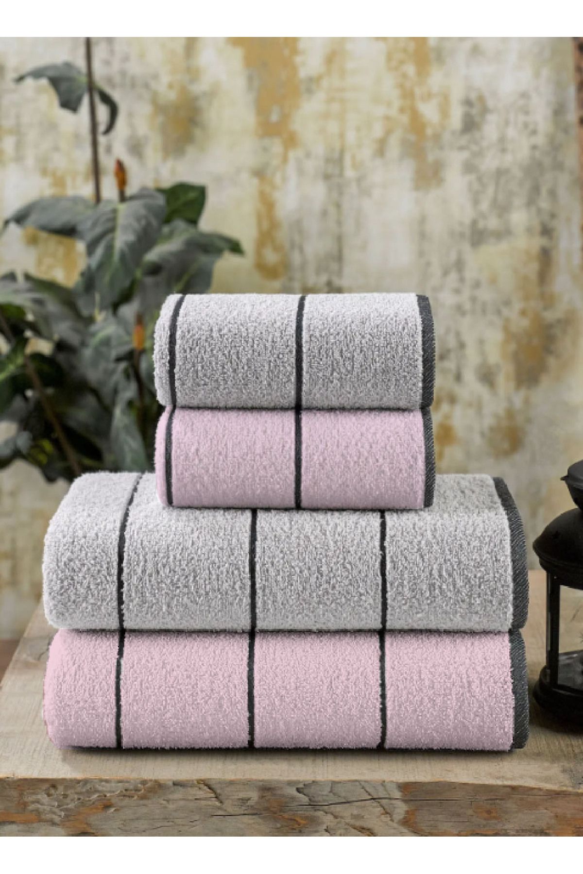 eumenia Pudra Valona 50 x 85 – 70 x140 cm 4'lü Banyo Havlu Seti | Pudra-Gri