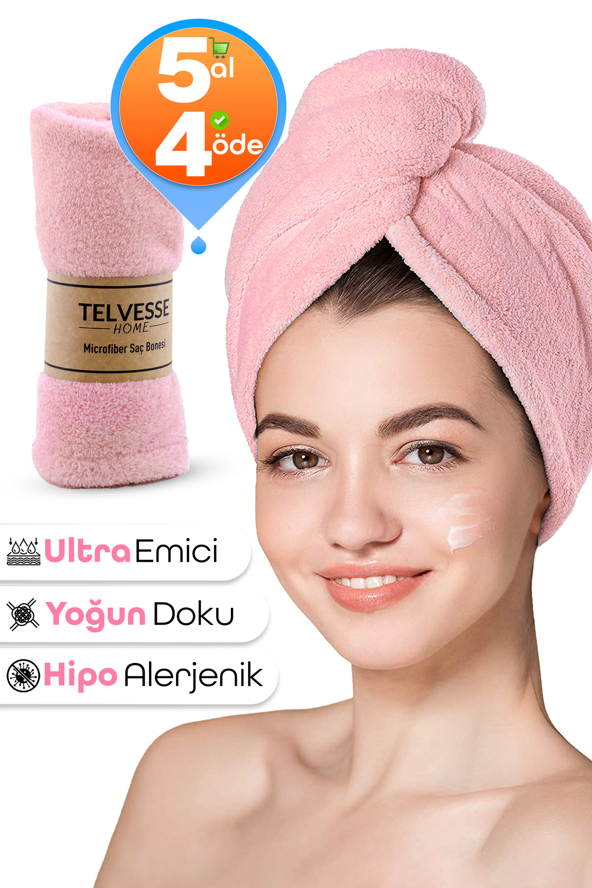 Telvesse Kalın Mikrofiber Saç Havlusu Plaj Deniz Havuz Bonesi Kurulama Banyo Saç Kurutma Baş Havlusu Pembe