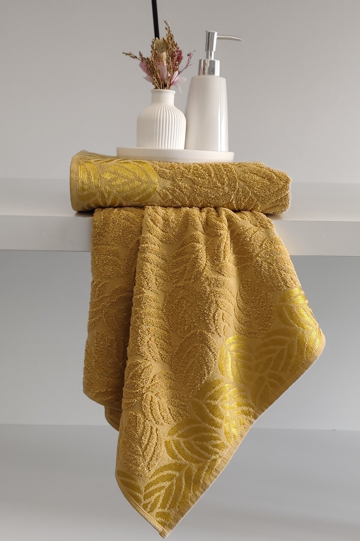 Sevim 2'li Jakarlı Yaprak Desenli %100 Pamuk El Yüz Havlusu-50x90cm-Hardal