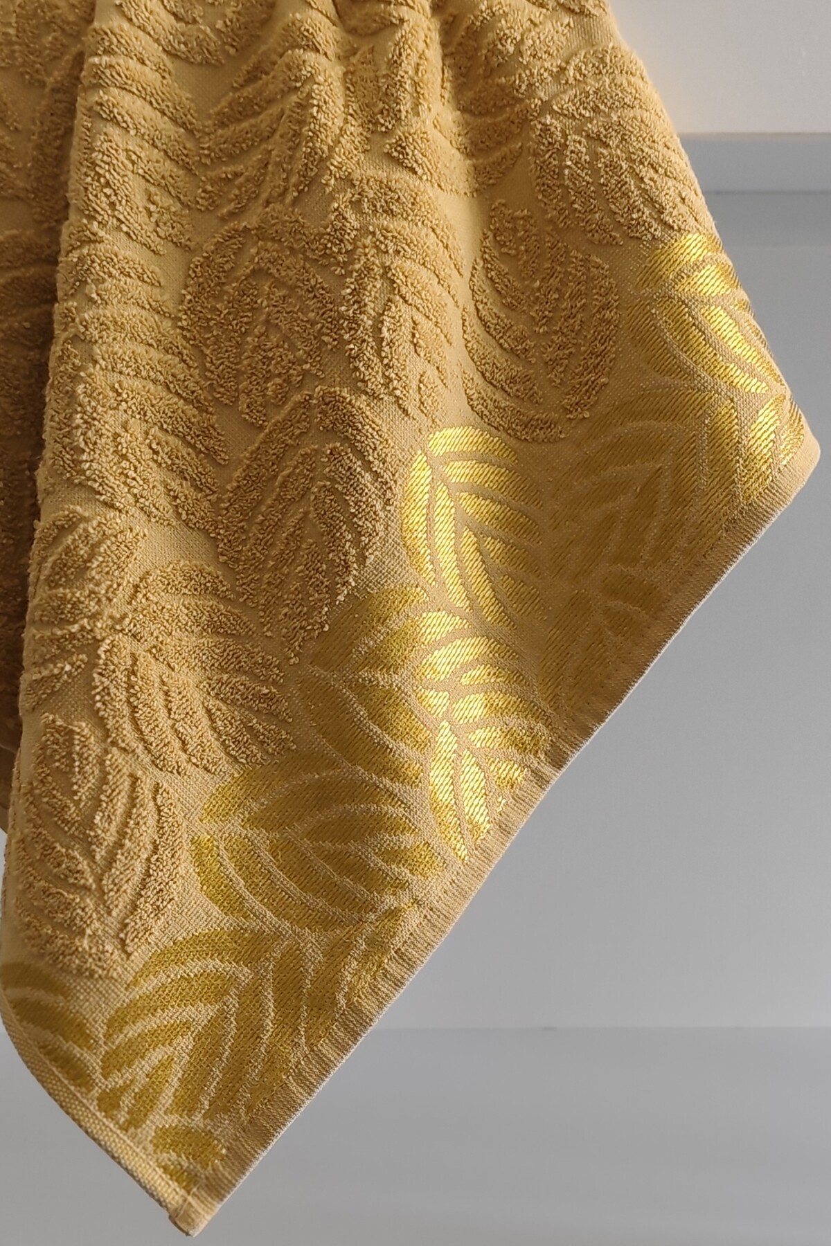 Sevim 2'li Jakarlı Yaprak Desenli %100 Pamuk El Yüz Havlusu-50x90cm-Hardal - Görsel 2