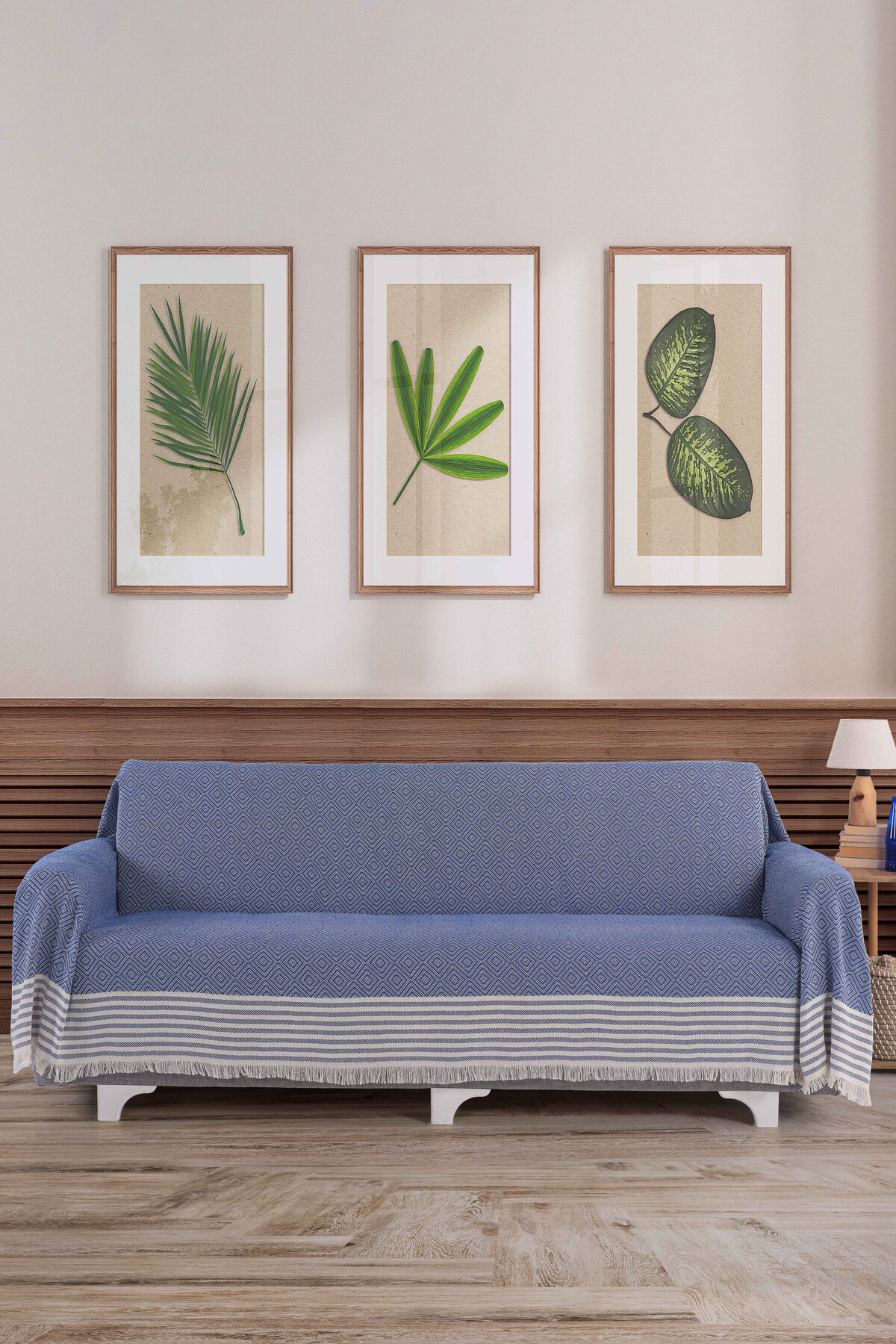 Miracolo Home 2'li Mavi Pamuklu Kolları Örten 310 Cm Koltuk Kanepe Çekyat Örtüsü Önden Saçaklı Kaymaz Tasarım - Görsel 2