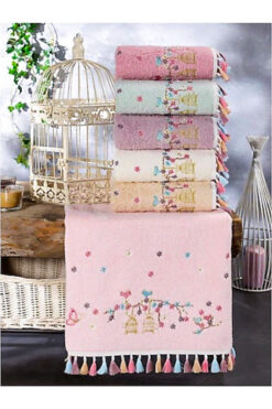 AYHANHOME Pamuklu Flora Kafes Nakışlı Püsküllü 6'lı 50x90 El Yüz Havlu Seti