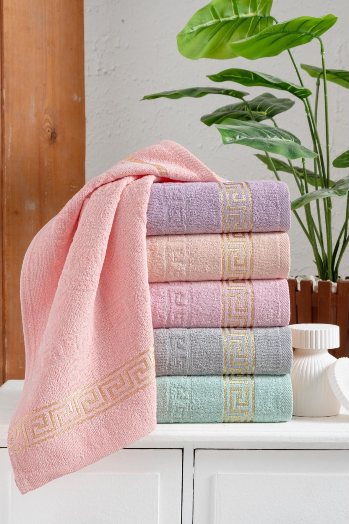 KAYABEY HOME 6’lı Pastel Renkli Desenli El & Yüz Havlu Seti 30×50 cm – Şık Bordürlü