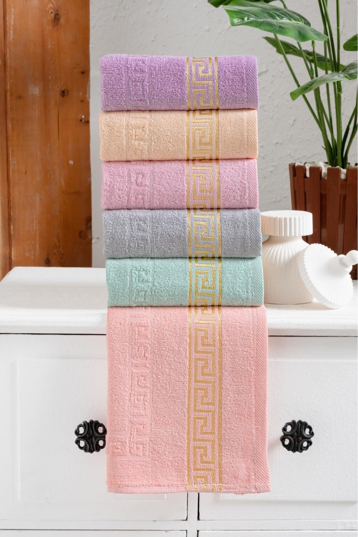 KAYABEY HOME 6’lı Pastel Renkli Desenli El & Yüz Havlu Seti 30×50 cm – Şık Bordürlü - Görsel 2