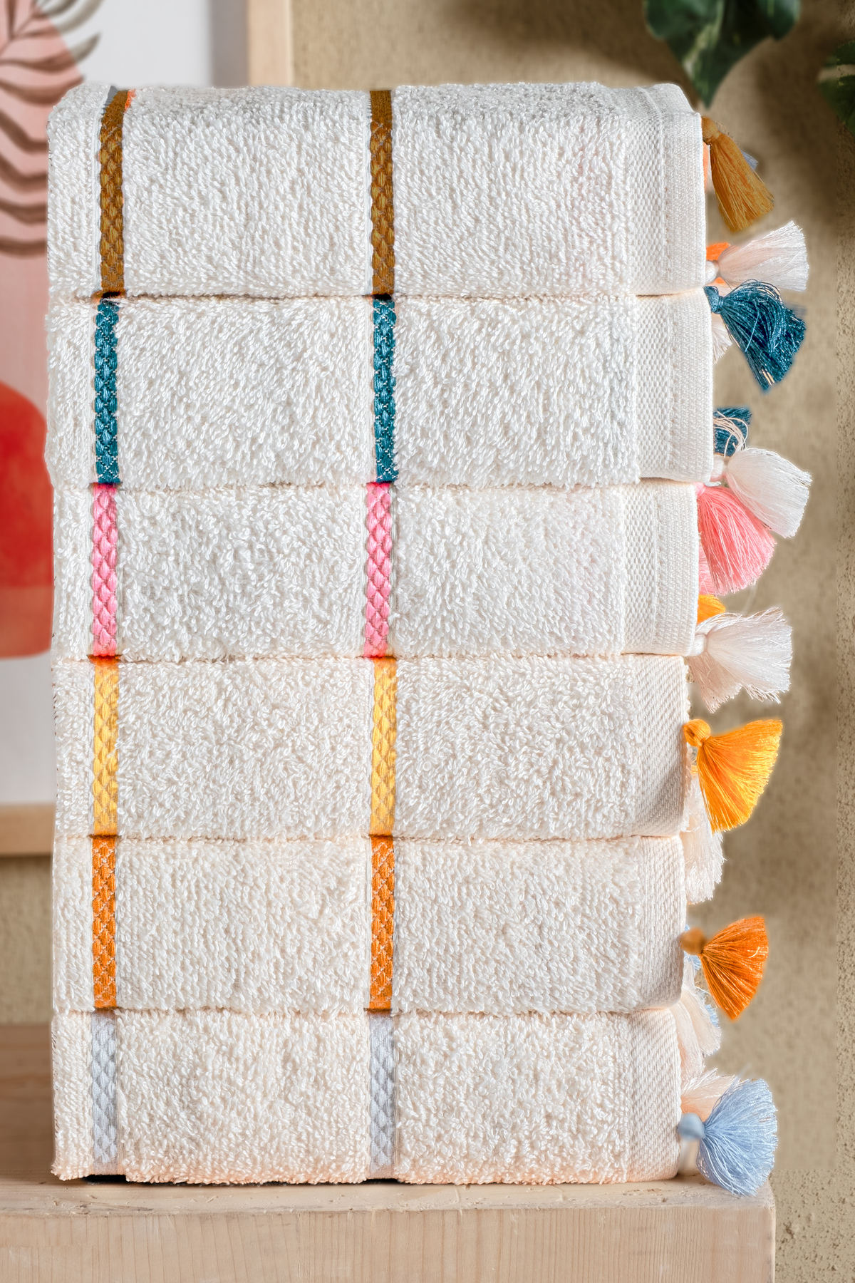 Bersay 6’lı Premium, Bohem, Renkli, Püsküllü ve Çizgili Havlu Seti | Mutfak & El Yüz 30x50 cm