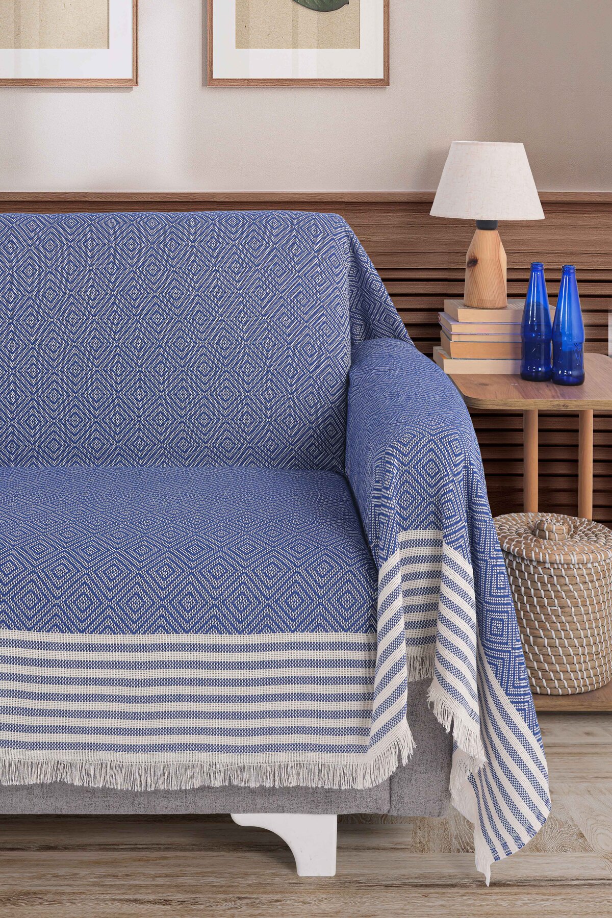 Miracolo Home 2'li Mavi Pamuklu Kolları Örten 310 Cm Koltuk Kanepe Çekyat Örtüsü Önden Saçaklı Kaymaz Tasarım - Görsel 3