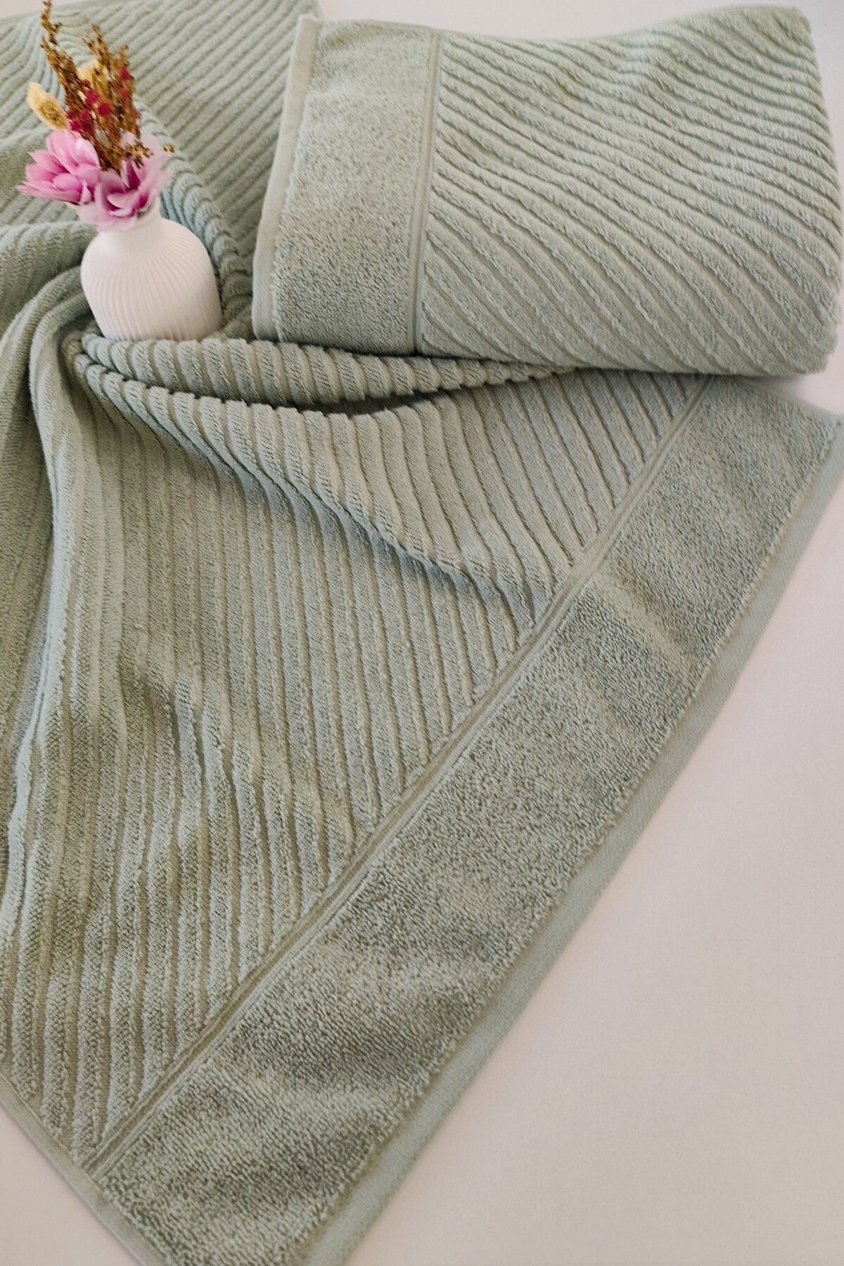 Sevim Diyagonal Çizgili %100 Pamuk El Havlusu 50x90 cm - 2'li Geometrik Havlu Seti - Yeşil - Görsel 3