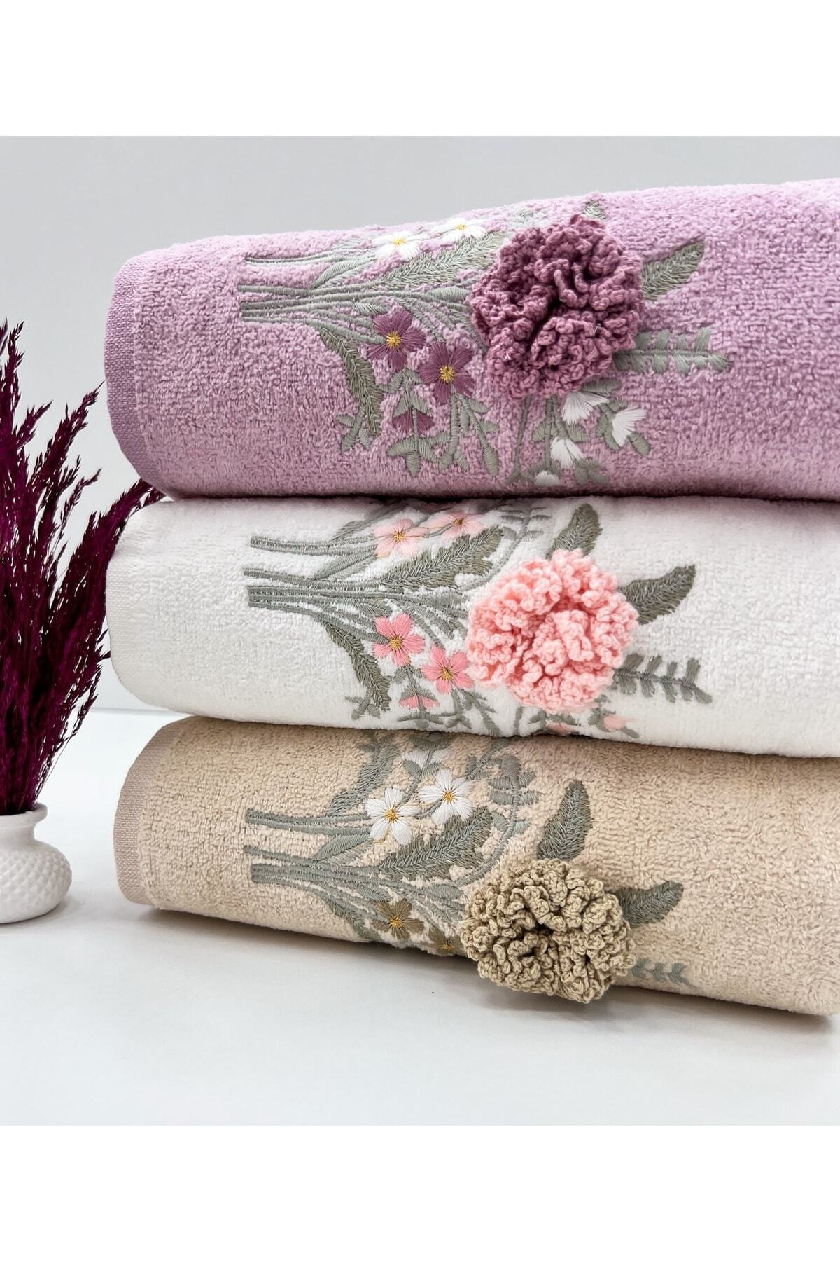 AYHANHOME 3d Çiçek Desenli Çeyizlik 3 Adet 50x90 El Yüz Havlu Seti