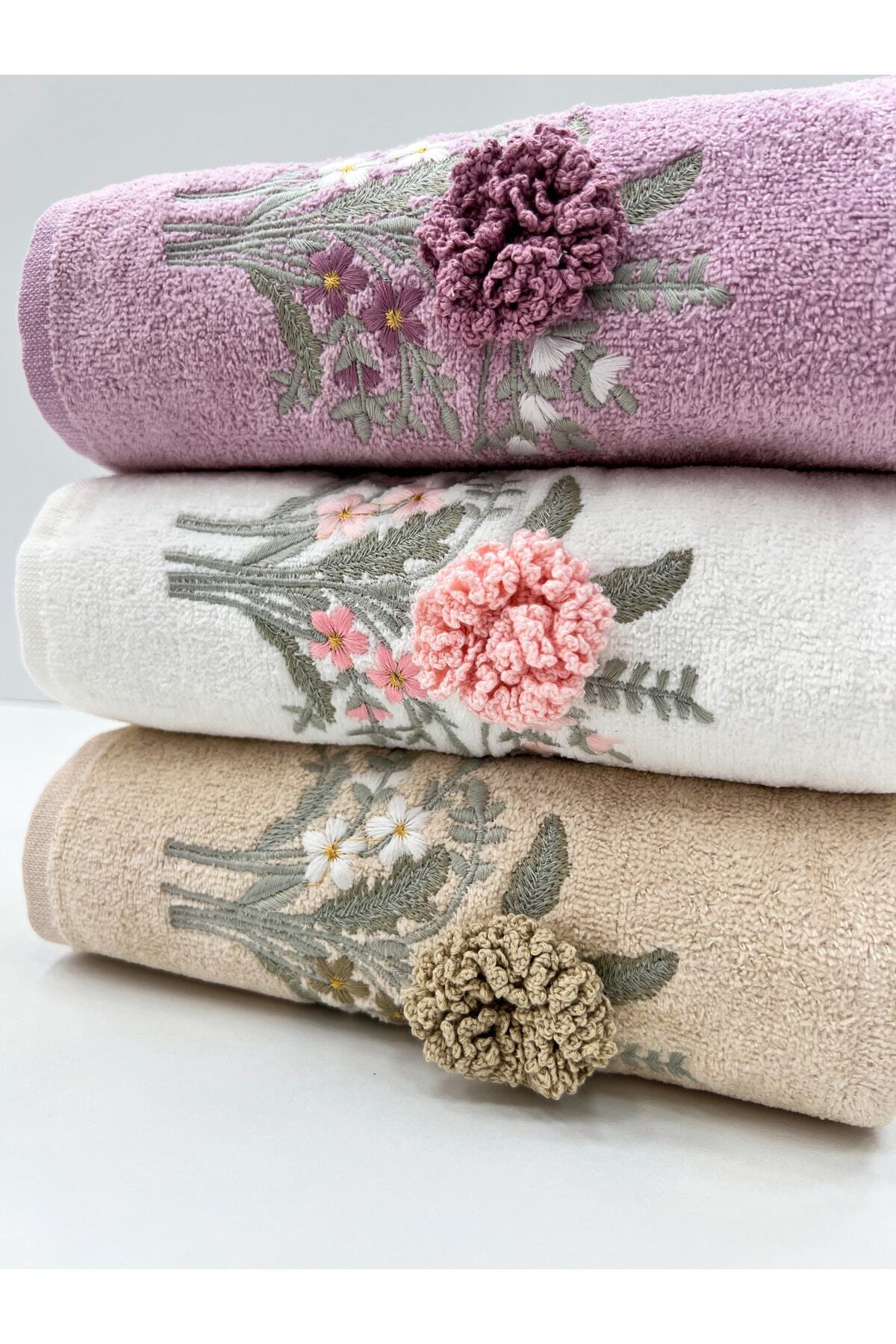 AYHANHOME 3d Çiçek Desenli Çeyizlik 3 Adet 50x90 El Yüz Havlu Seti - Görsel 2