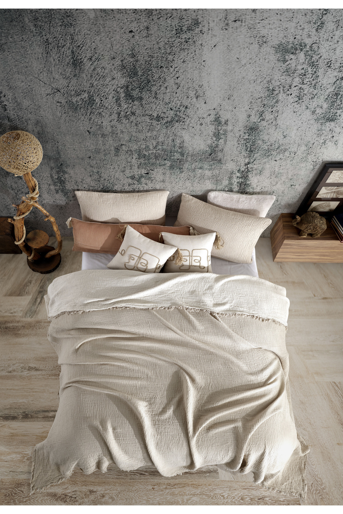 destinyhometex Vizon Çift Kişilik 240x250cm Yatak Örtüsü/2 Adet 50x70cm Yastık 4 Katlı Multi Muslin %100 Pamuk - Görsel 2