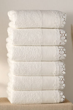 Isessia 6 Adet Dantelli İşlemeli El Yüz Havlusu Seti 50x90 | Pamuk Lüks Çeyizlik Banyo Havlusu