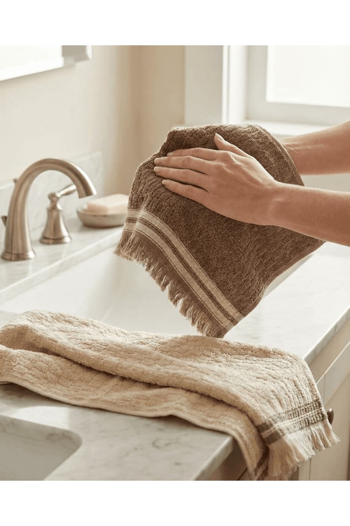 Plume Ceramic Home %100 Pamuk 4'lü Premium Kahverengi Krem Saçaklı El Yüz Havlu Seti 50*80cm - Görsel 2