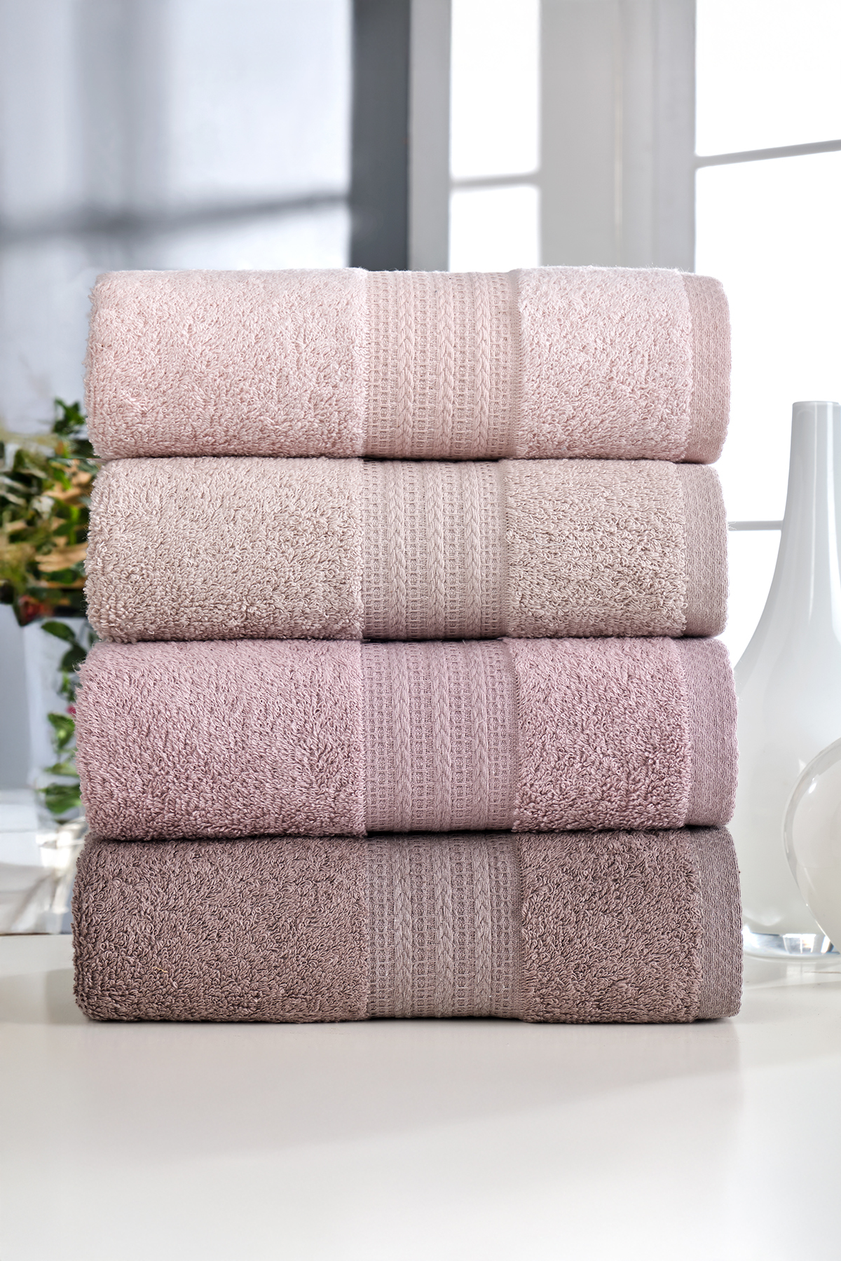 Elart Rainbow Havlu Seti Pamuklu 4 Adet (50x90 cm) Pudra