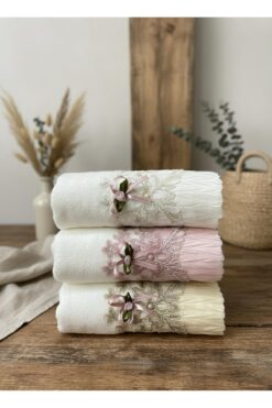 COTTOWEL'S Lalin Güpürlü ve Dantelli 3'lü 50x90 El Havlusu / El ve Yüz Havlusu / Çeyiz Seti / Havlu Paketi