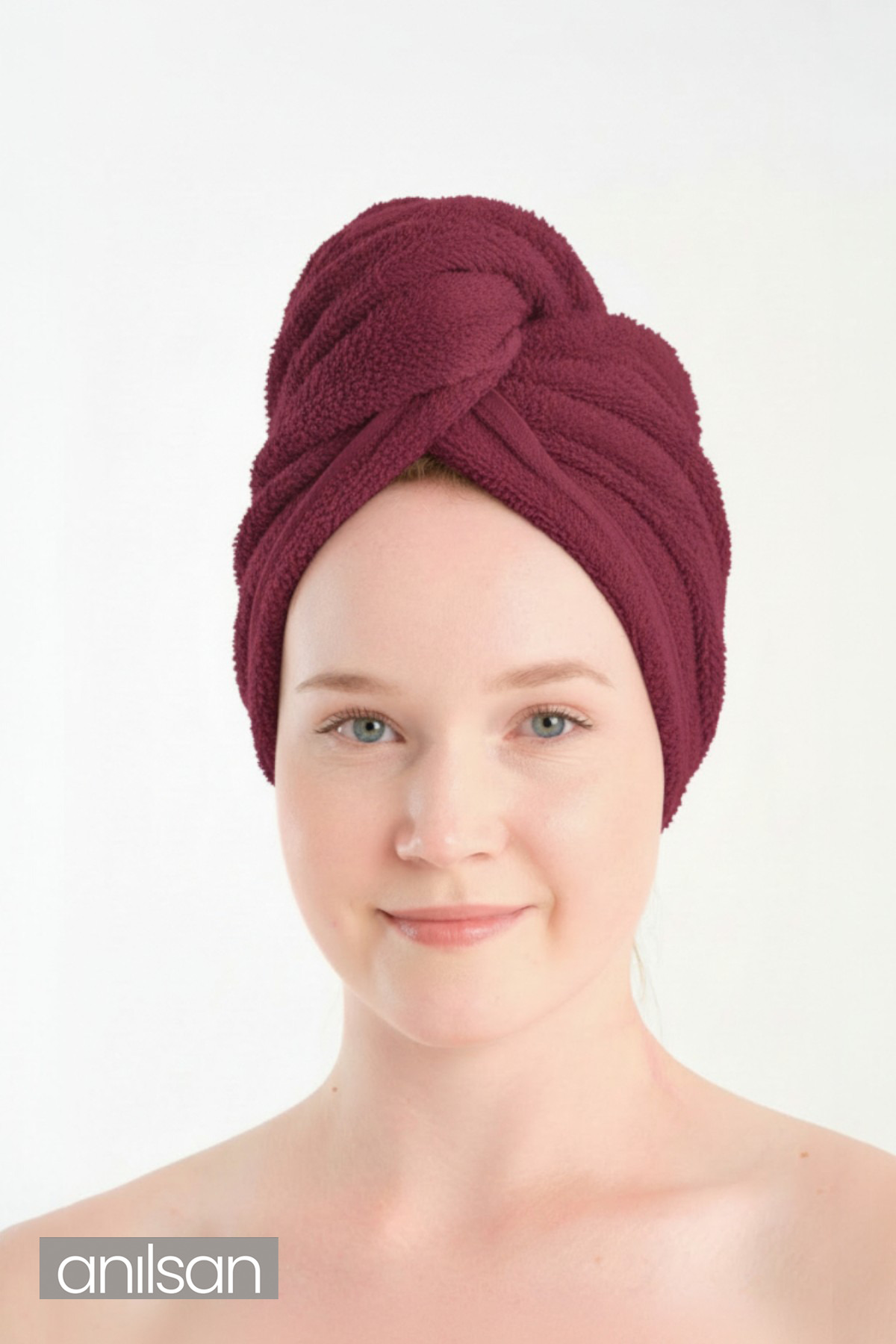Anılsan Havlu Saç Bonesi Bordo %100Pamuk Saç Kurutma, Kurulama, Duş Banyo Baş Havlusu