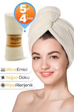 Telvesse Kalın Mikrofiber Saç Havlusu Plaj Deniz Havuz Bonesi Kurulama Banyo Saç Kurutma Baş Havlusu Krem