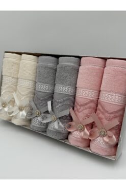 AYHANHOME 6'lı Fiyonk Taşlı Güpürlü Kutulu Çeyizlik 30x50 Kadife Mutfak Havlusu