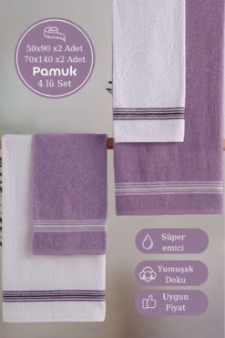 Genel Markalar Banyo El Havlusu Seti 4 Lü Lila -Beyaz Elvin – Yumuşak Doku (70X140X2 /50X90CMX2)