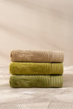 ARACHNE Palm | 3'lü | 50x90cm | 100% Pamuk | Kadife Havlu Seti | Özel Bez Çantası Hediyelidir |