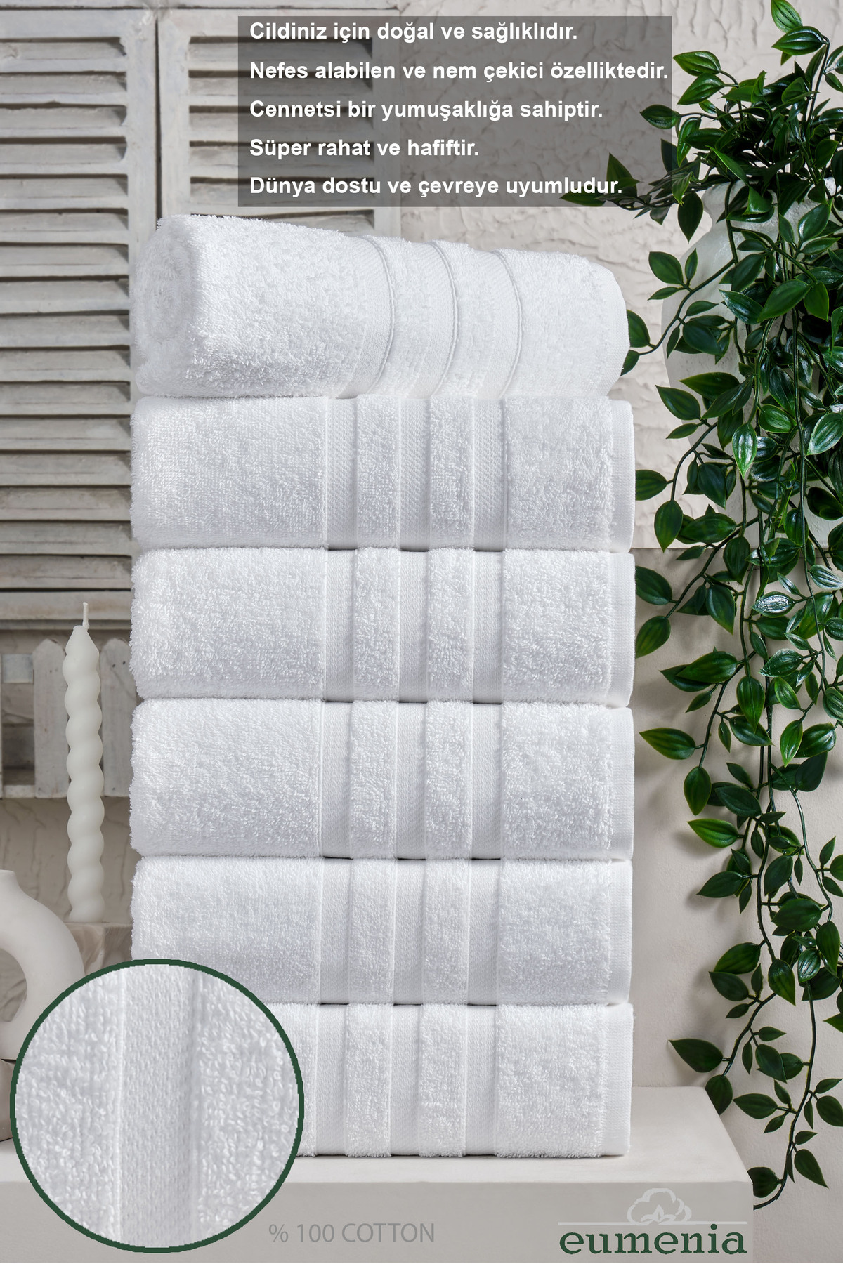 eumenia Pure White %100 Pamuk 6’lı Beyaz Otel Havlusu El & Yüz Banyo Havlu Seti 50X90 cm - Görsel 2
