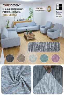 Faiend Jakarlı Düz Desen 3 3 1 1 Gri Lastikli Kanepe Örtüsü | Lastikli Koltuk Örtüsü | koltuk kılıfı Takımı