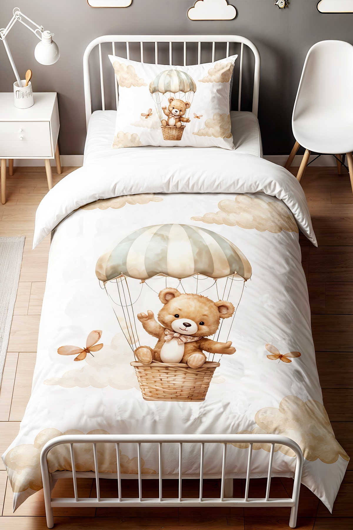 EVPANYA Bulutlar Üzerindeki Sevimli Ayıcık Desenli Tek Kişilik Bebek Çocuk Nevresim Seti - Görsel 2