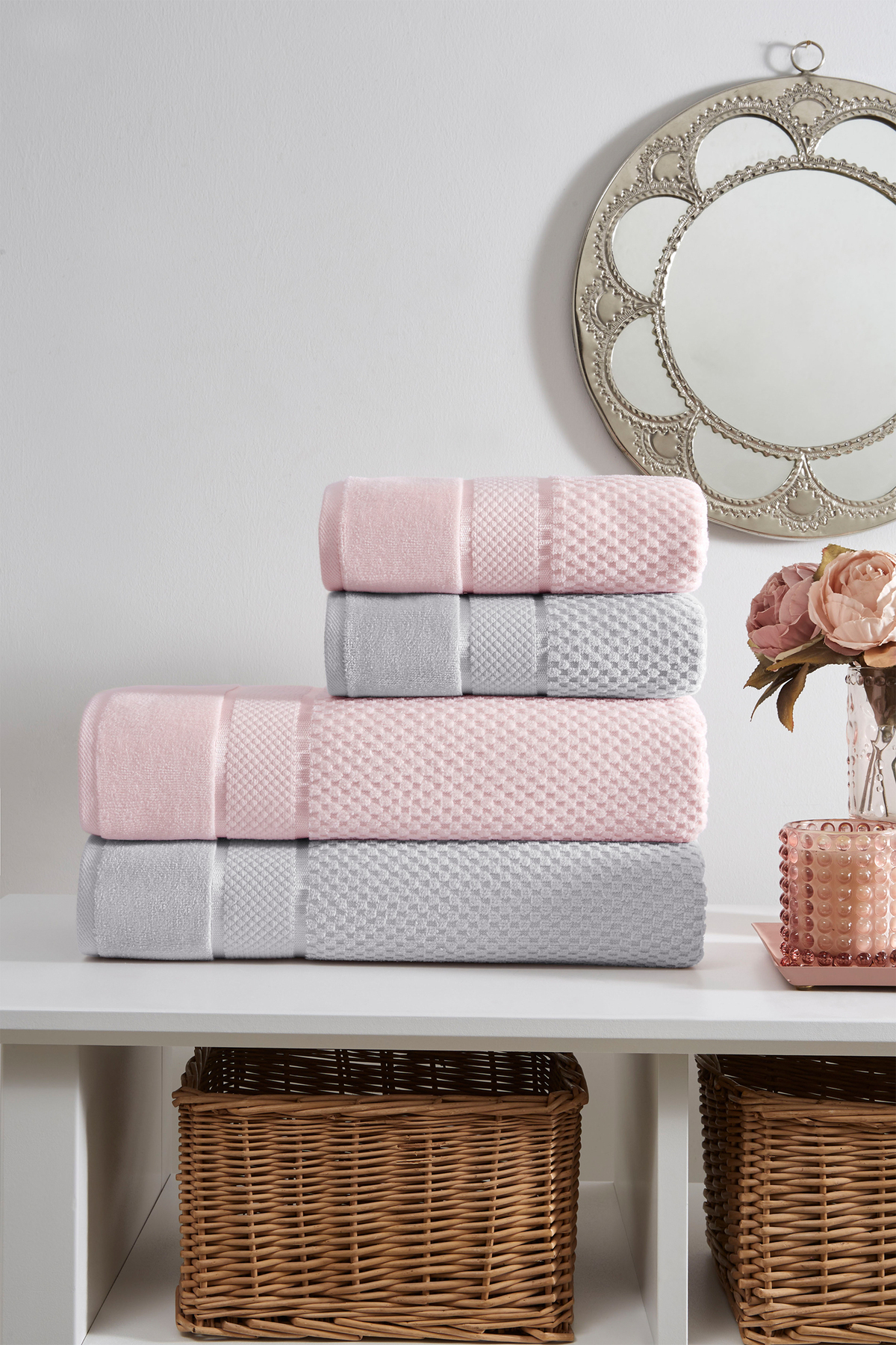 Özdilek Bright Kadife Havlu Seti Gri-Pembe