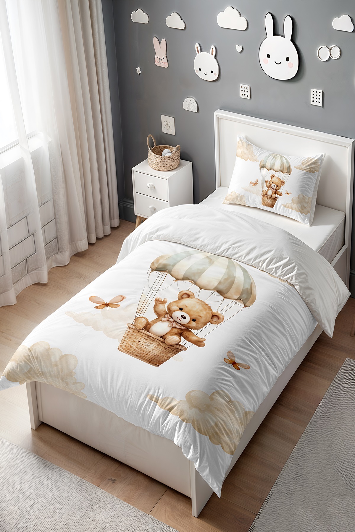 EVPANYA Bulutlar Üzerindeki Sevimli Ayıcık Desenli Tek Kişilik Bebek Çocuk Nevresim Seti - Görsel 3